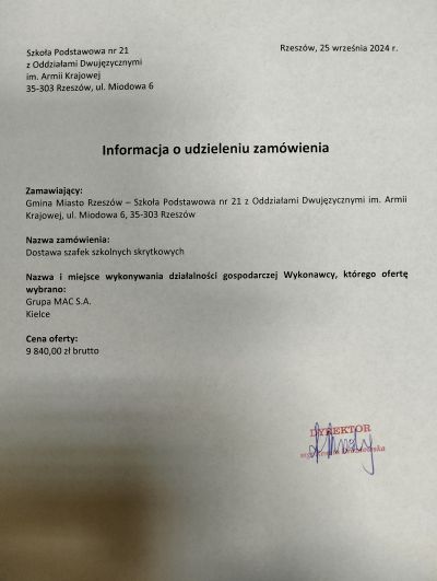 Informacja o udzieleniu zamowienia